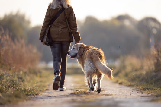 Fotografía lifestyle premium de un perro senior caminando o siendo acompañado por su tutor en un entorno limpio, cálido y natural. La imagen debe transmitir movilidad, bienestar, cuidado articular y calidad de vida, sin verse clínica ni dramática.