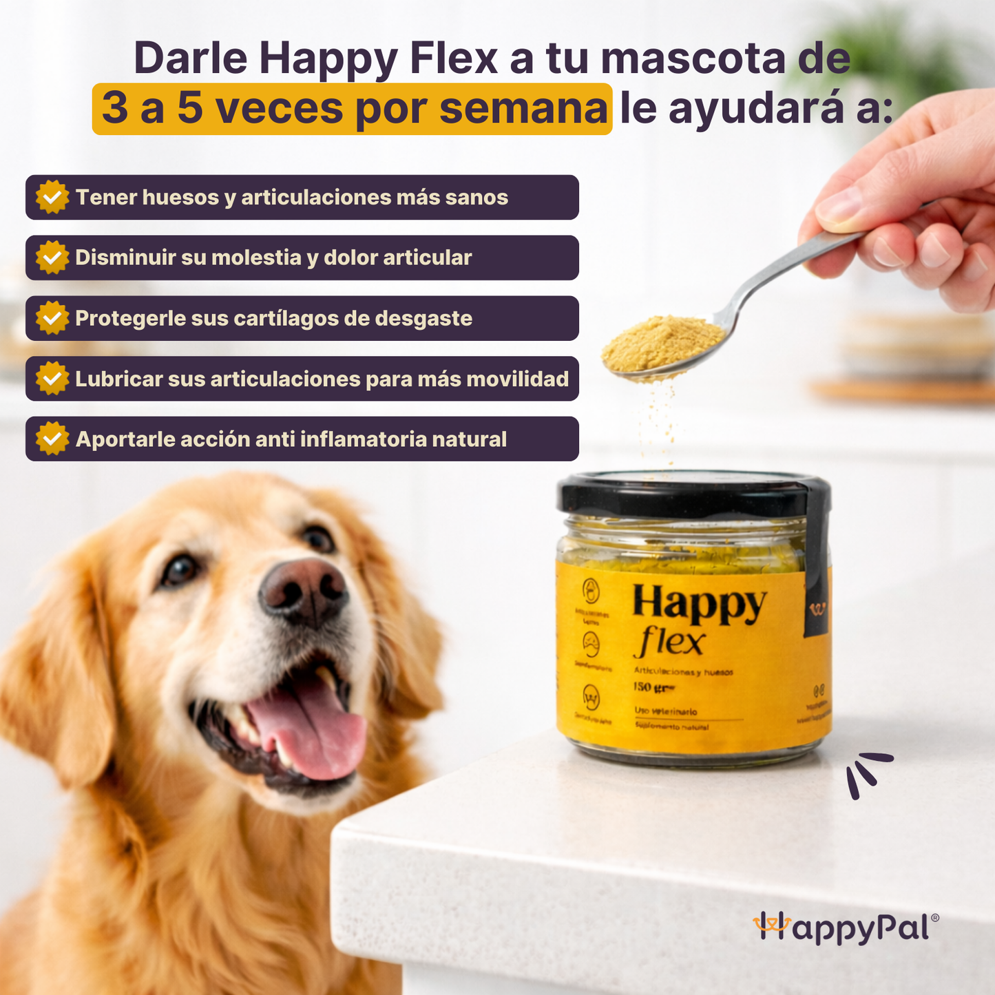 Happy Flex I  Anti Inflamatorio Para Perros y Gatos. Suplemento para articulaciones, huesos y cadera