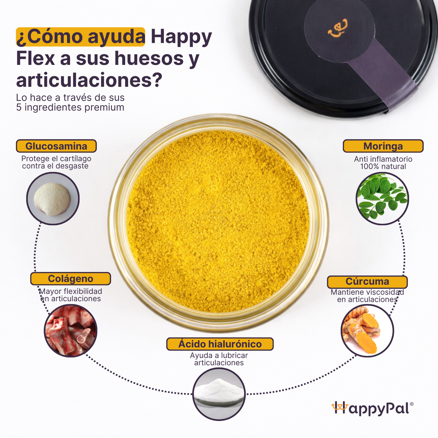 Happy Flex I  Anti Inflamatorio Para Perros y Gatos. Suplemento para articulaciones, huesos y cadera