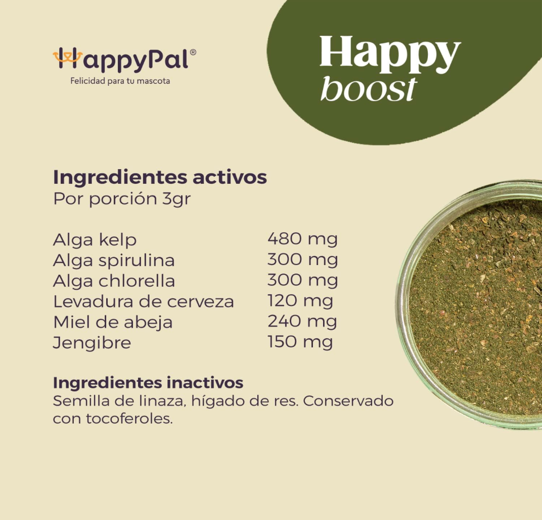 Happy Boost I Suplemento de Algas y Miel de Abeja, con Omega 3, vitaminas y minerales, para Perros y Gatos. Fortalece su Sistema inmune